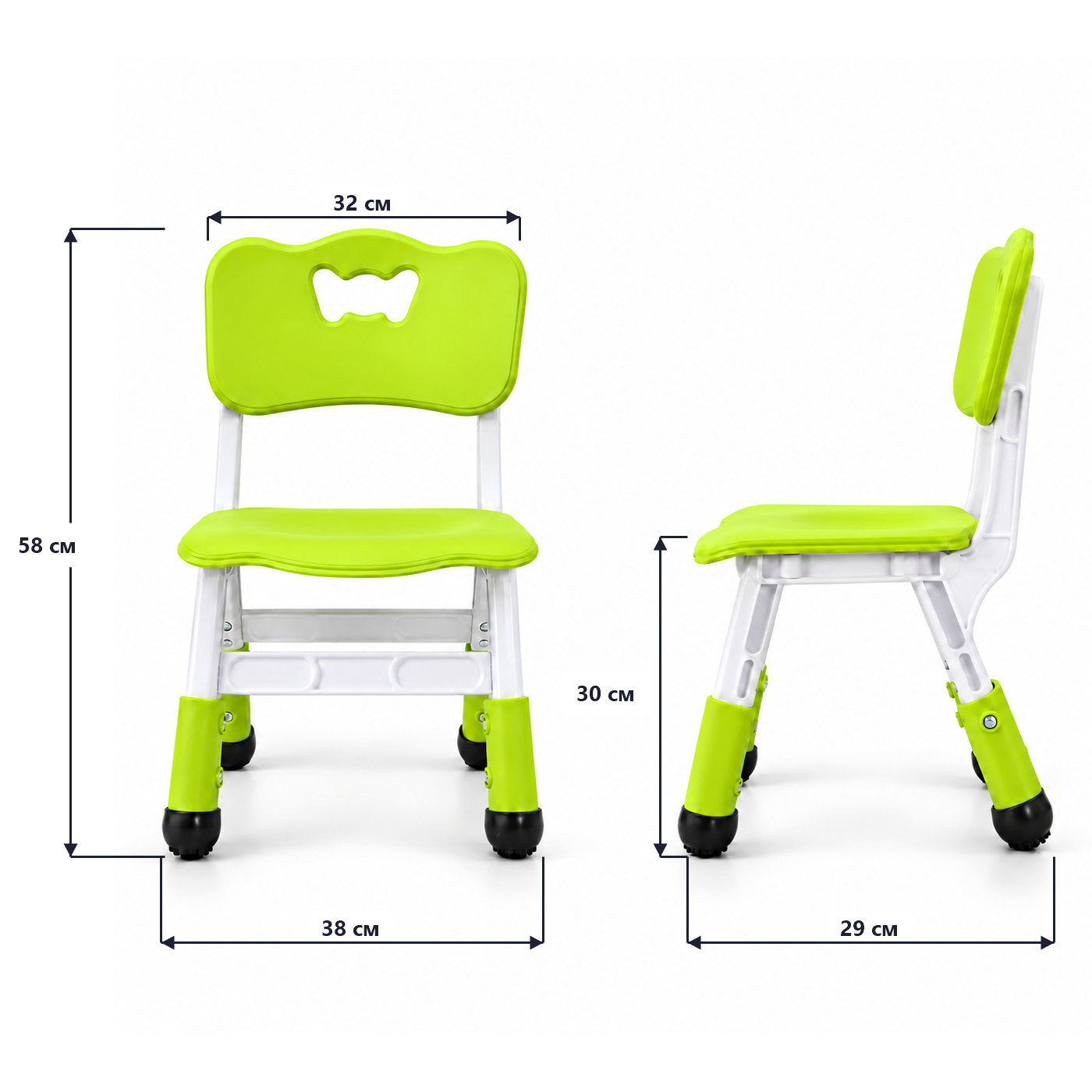Стул детский Kiddy Classic XC6016, вид спереди и сбоку с размерами 38 × 29 × 58 см